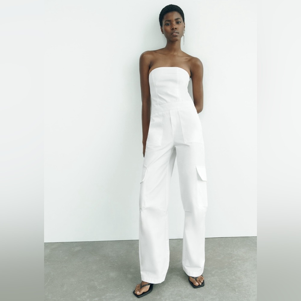 NWOT ZARA LONG CARGO JUMPSUIT COLOR WHITE SIZE XS
